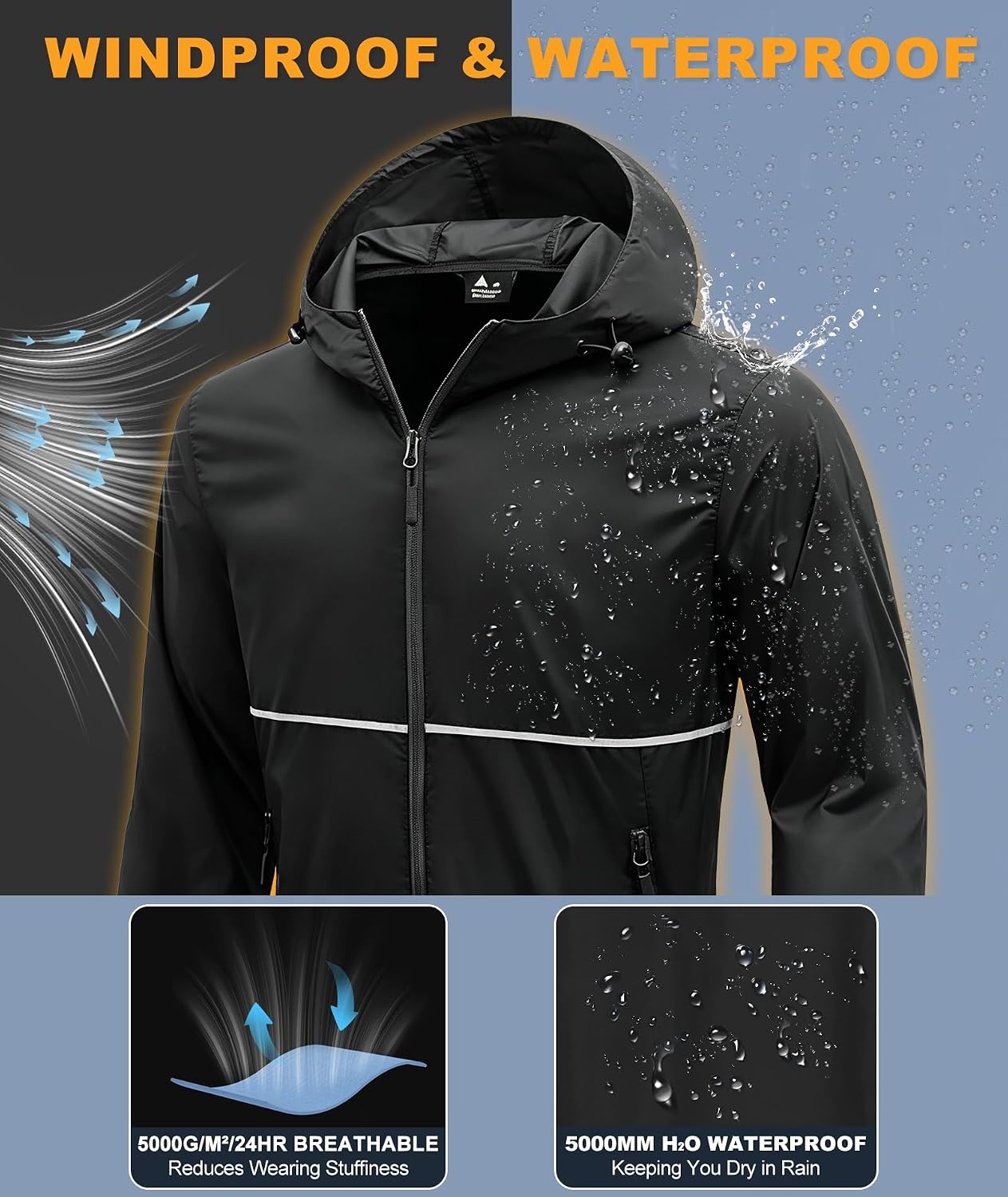 image:imageZITY Mens Rain Jacket Waterproof Lightweight Packable RaincoatBlack