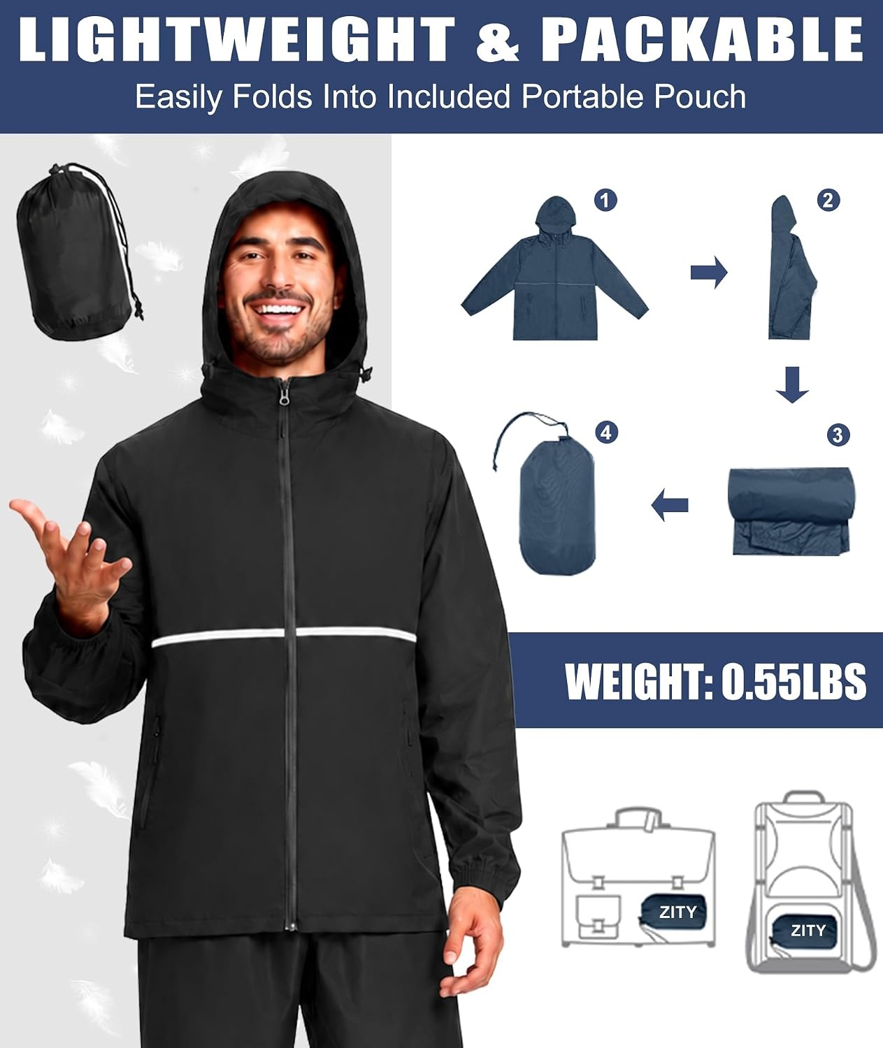image:imageZITY Mens Rain Jacket Waterproof Lightweight Packable RaincoatBlack