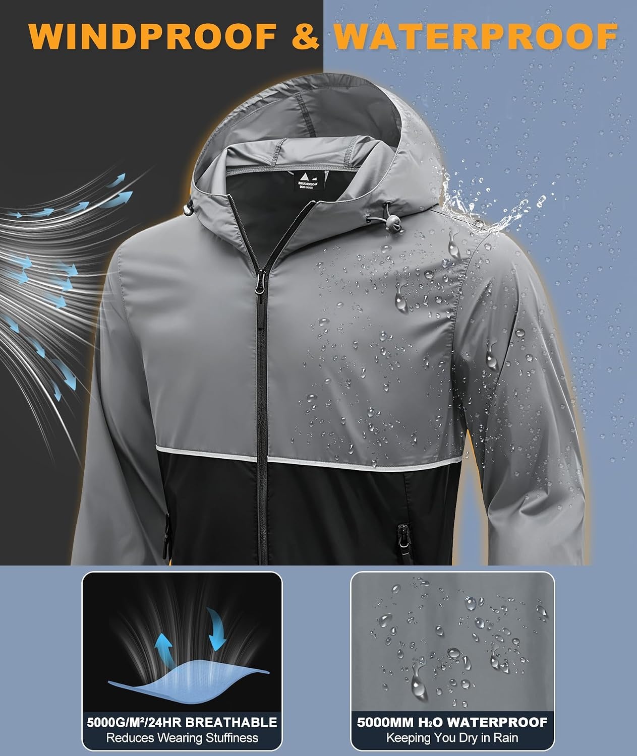image:imageZITY Mens Rain Jacket Waterproof Lightweight Packable RaincoatBlack Grey