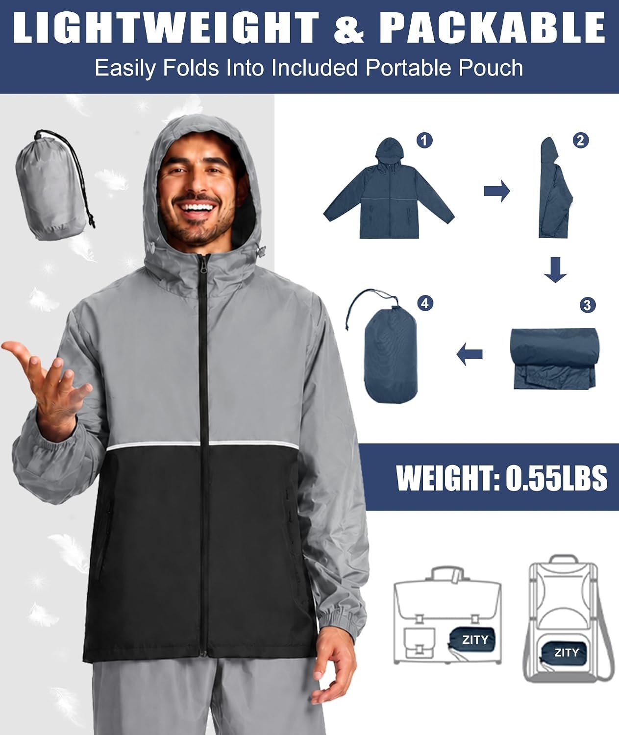 image:imageZITY Mens Rain Jacket Waterproof Lightweight Packable RaincoatBlack Grey