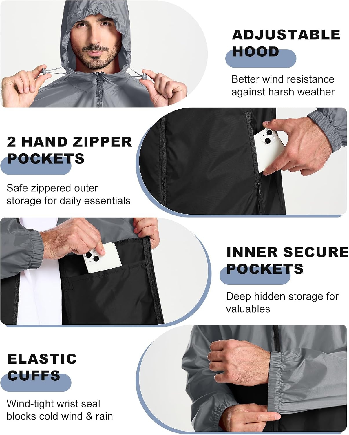 image:imageZITY Mens Rain Jacket Waterproof Lightweight Packable RaincoatBlack Grey