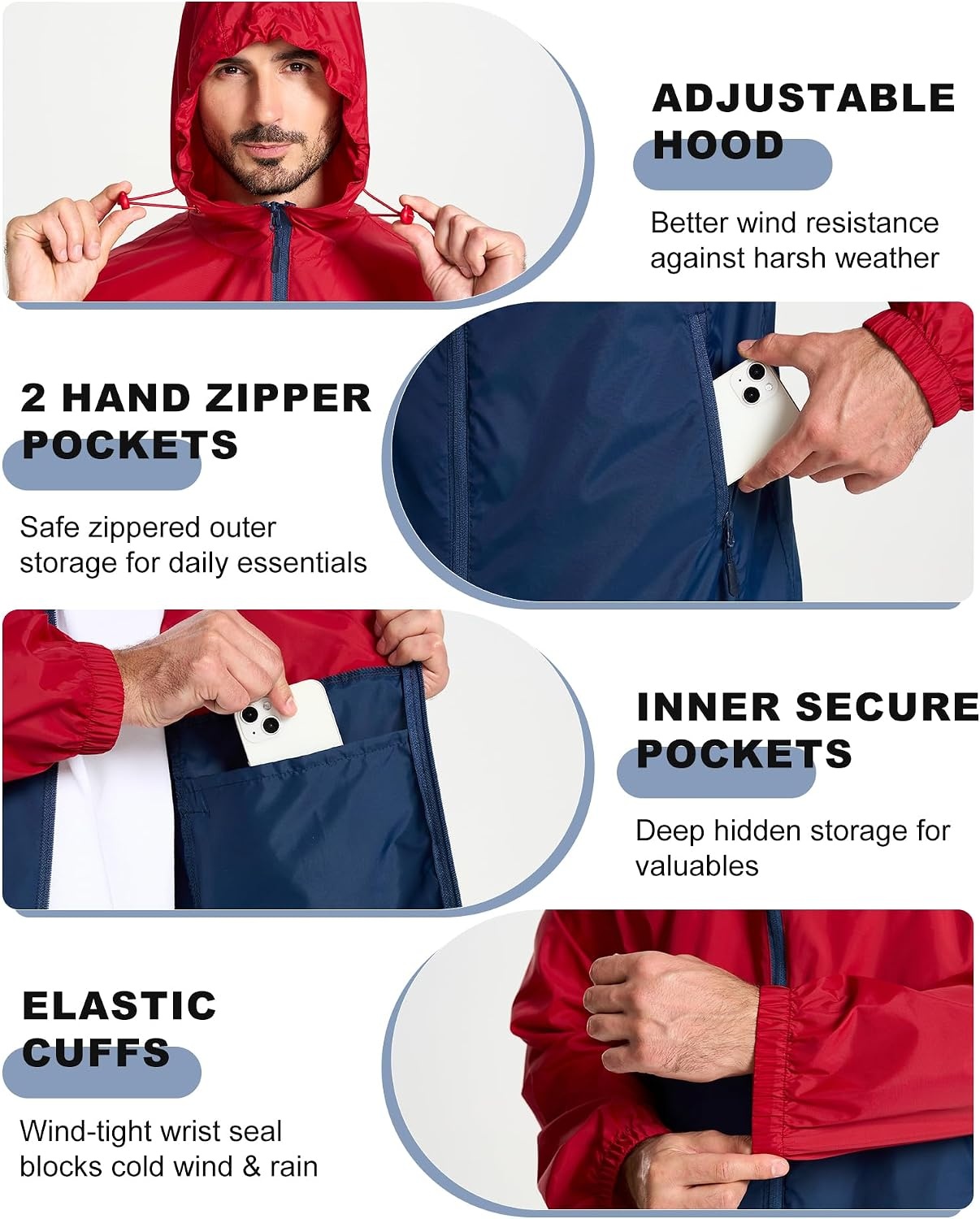 image:imageZITY Mens Rain Jacket Waterproof Lightweight Packable RaincoatBlue Red