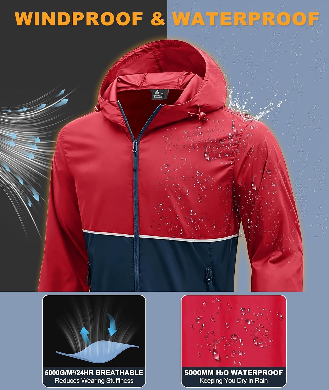 image:imageZITY Mens Rain Jacket Waterproof Lightweight Packable RaincoatBlue Red