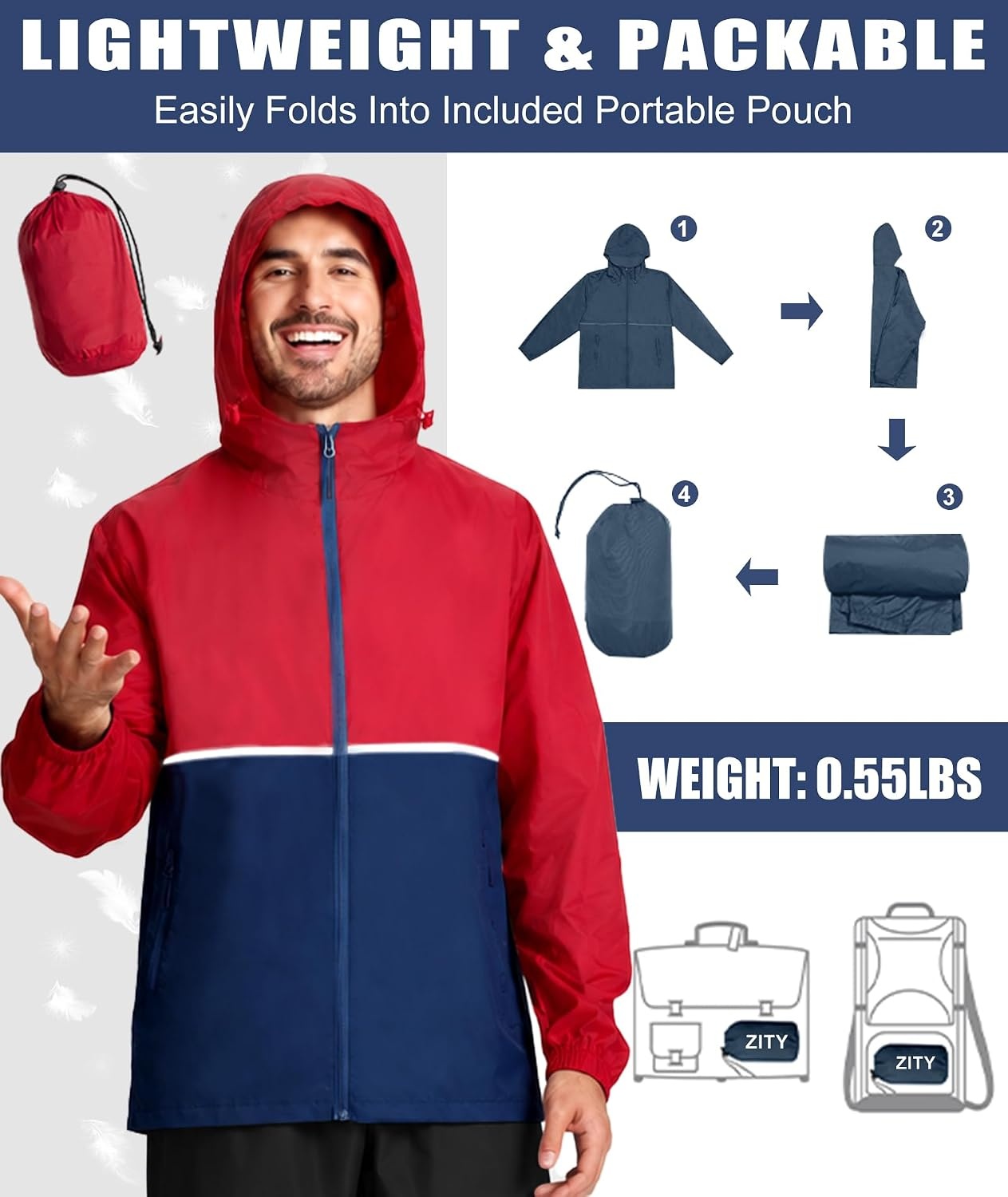 image:imageZITY Mens Rain Jacket Waterproof Lightweight Packable RaincoatBlue Red