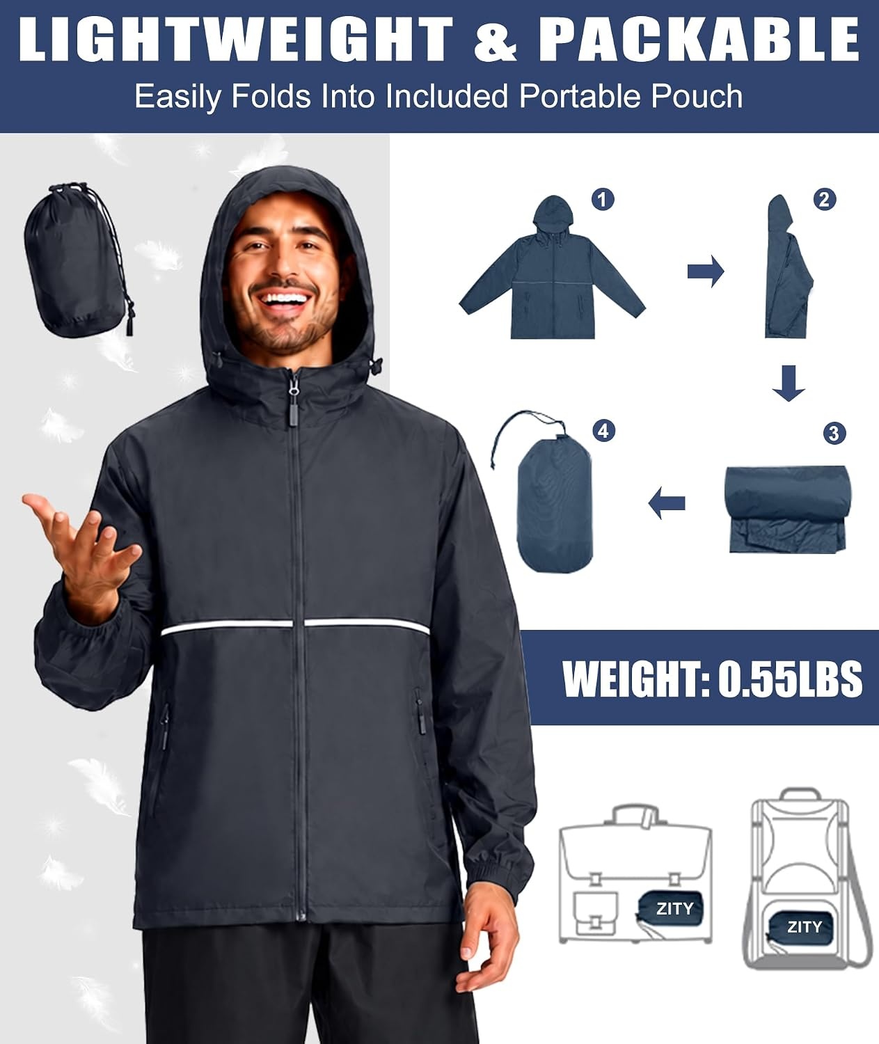 image:imageZITY Mens Rain Jacket Waterproof Lightweight Packable RaincoatCharcoal