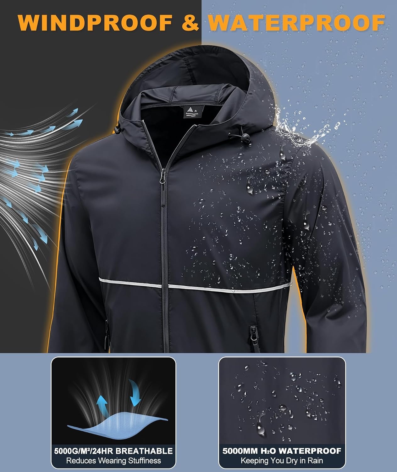 image:imageZITY Mens Rain Jacket Waterproof Lightweight Packable RaincoatCharcoal