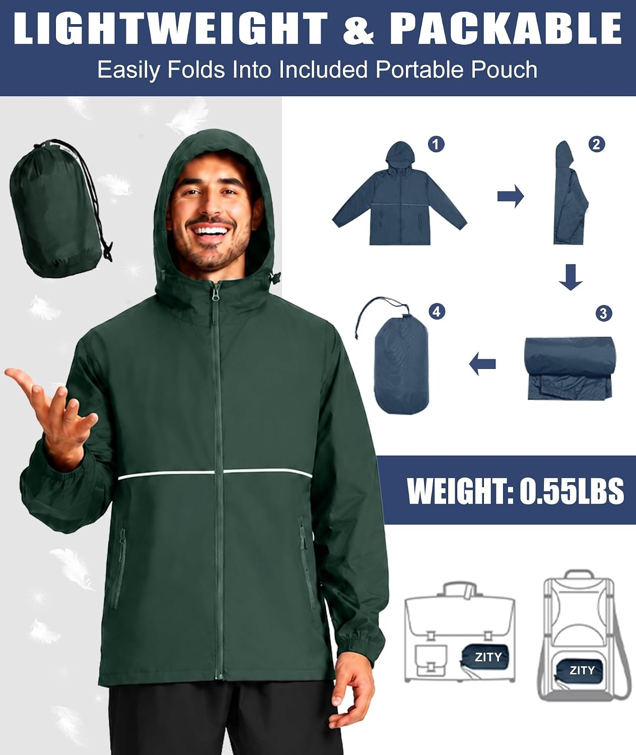 image:imageZITY Mens Rain Jacket Waterproof Lightweight Packable RaincoatDark Green