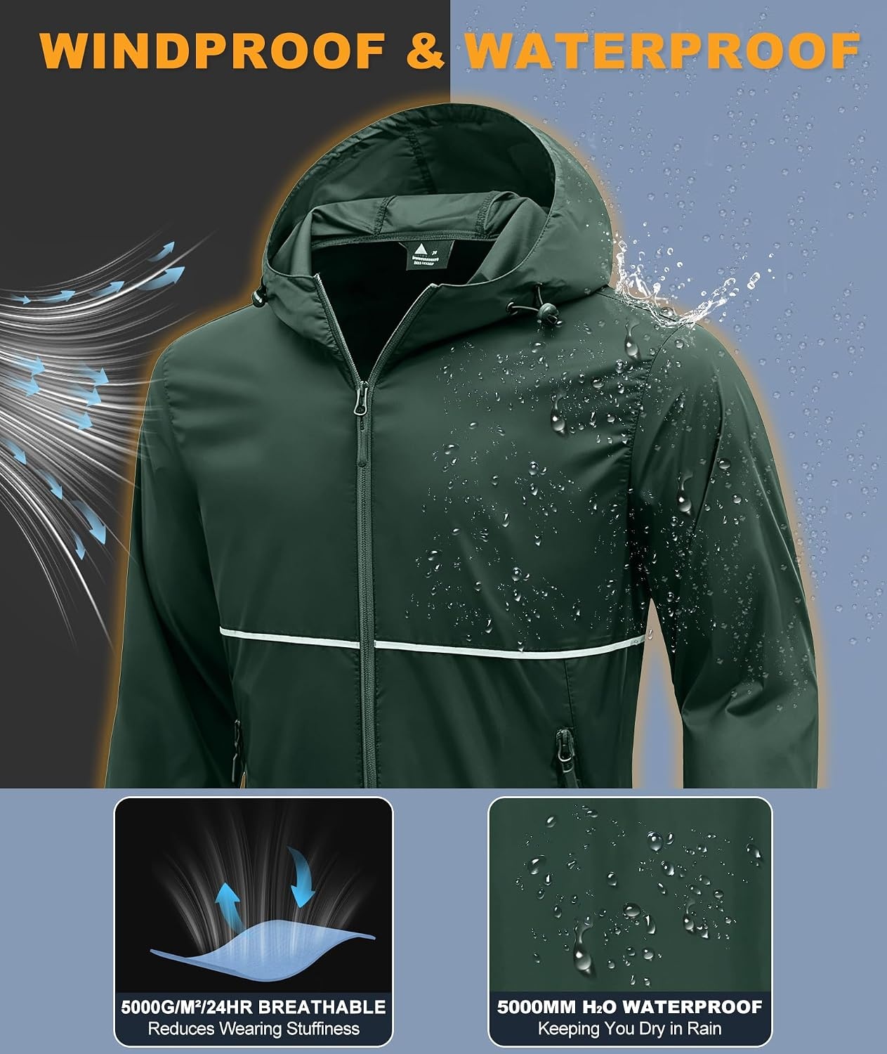 image:imageZITY Mens Rain Jacket Waterproof Lightweight Packable RaincoatDark Green