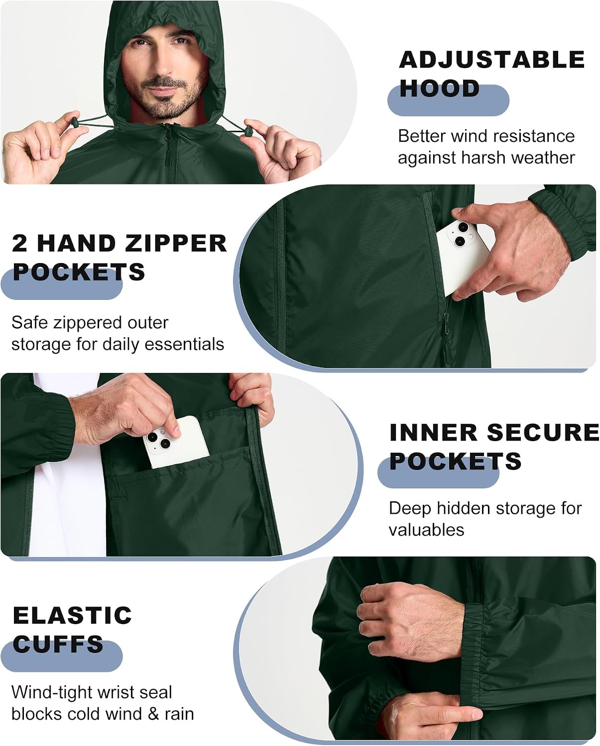 image:imageZITY Mens Rain Jacket Waterproof Lightweight Packable RaincoatDark Green