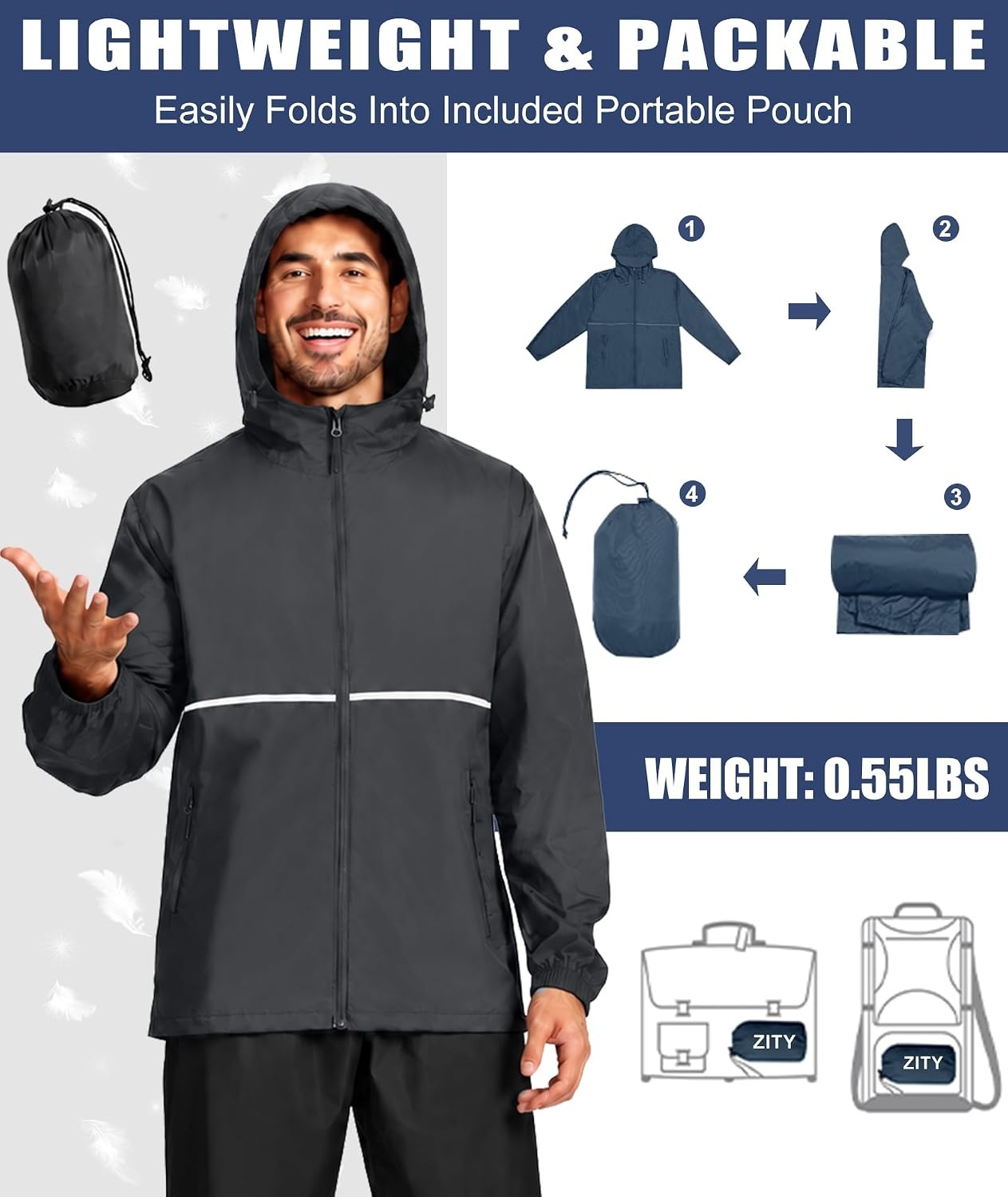 image:imageZITY Mens Rain Jacket Waterproof Lightweight Packable RaincoatDark Grey
