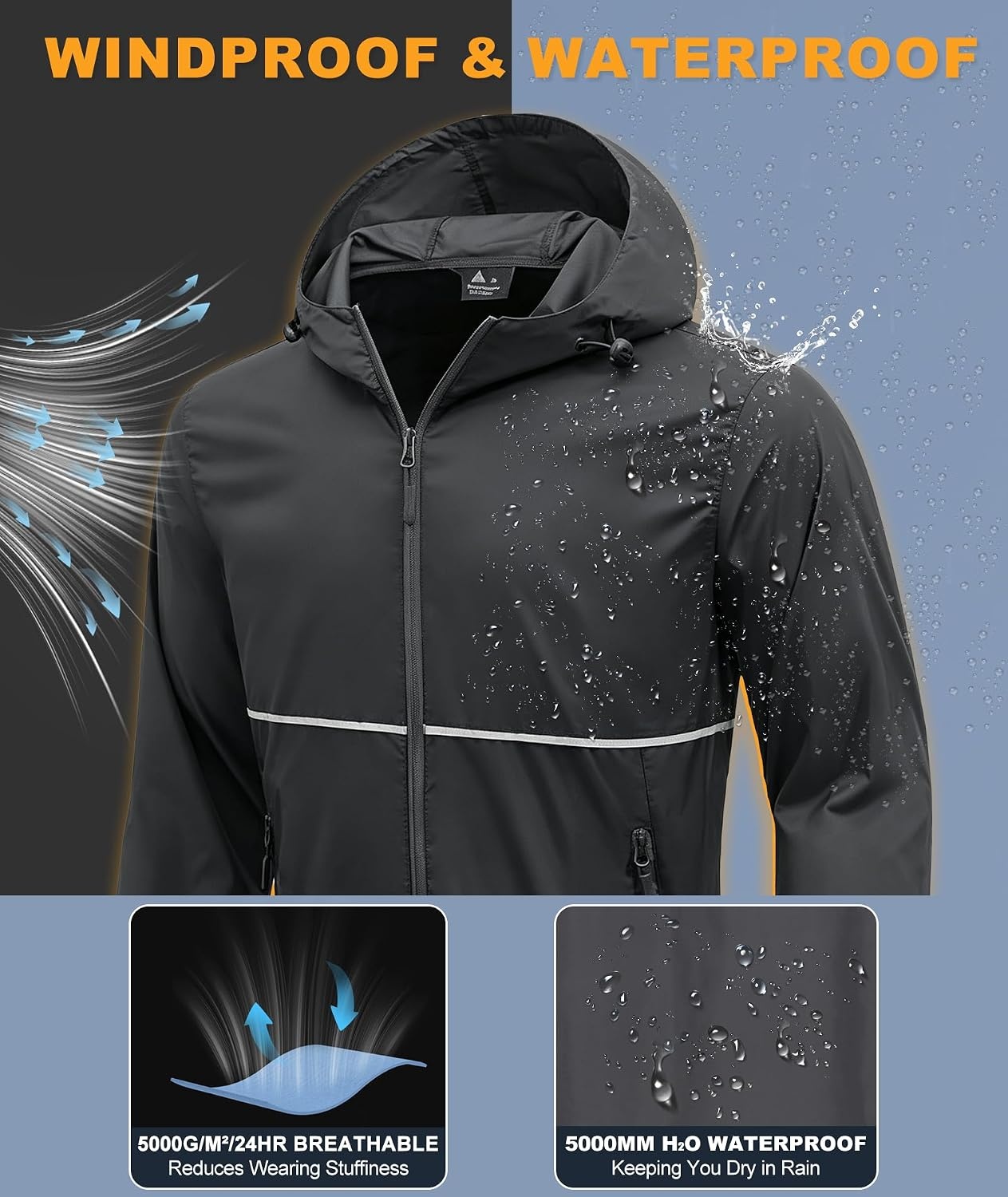 image:imageZITY Mens Rain Jacket Waterproof Lightweight Packable RaincoatDark Grey