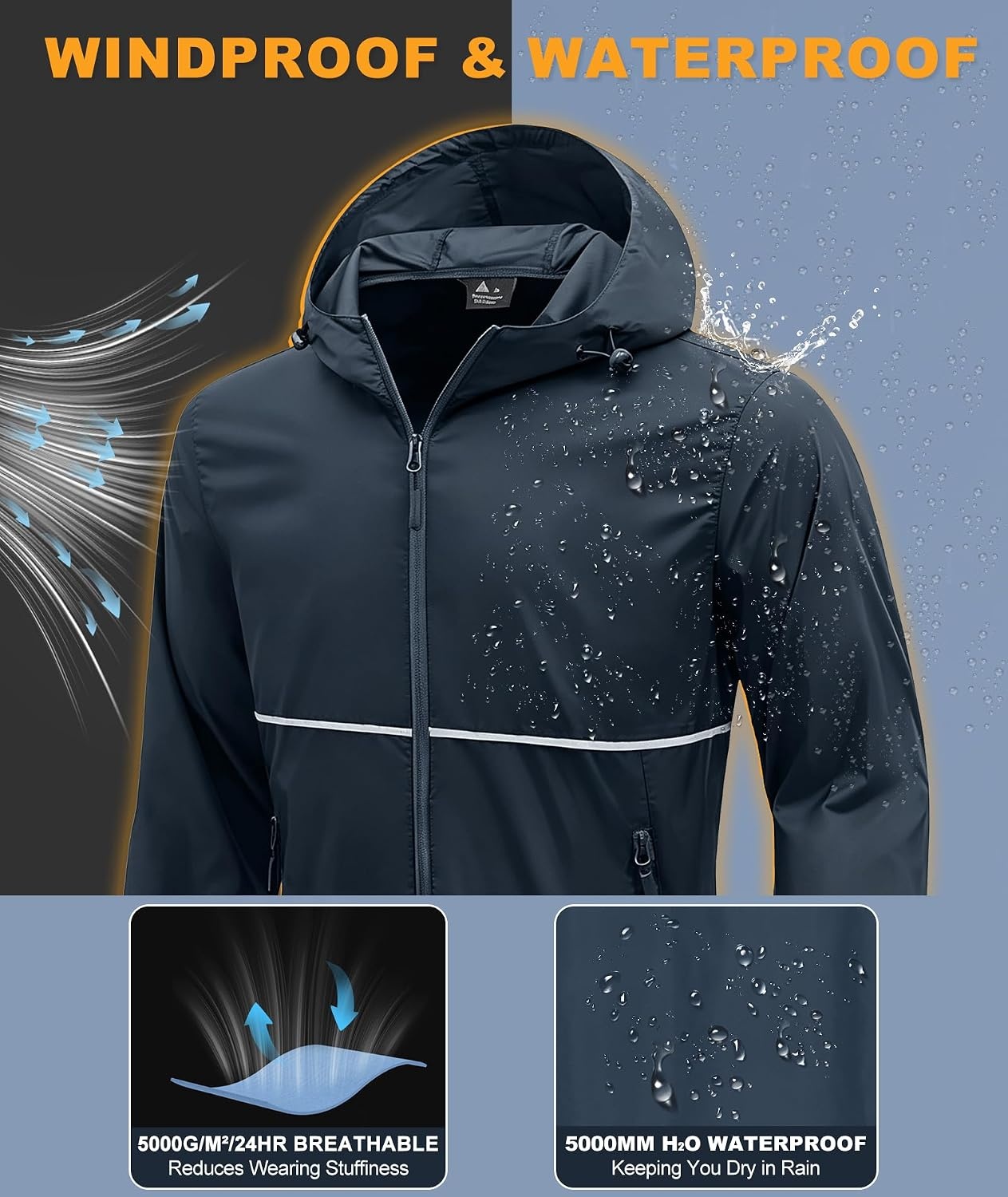 image:imageZITY Mens Rain Jacket Waterproof Lightweight Packable RaincoatGray Blue