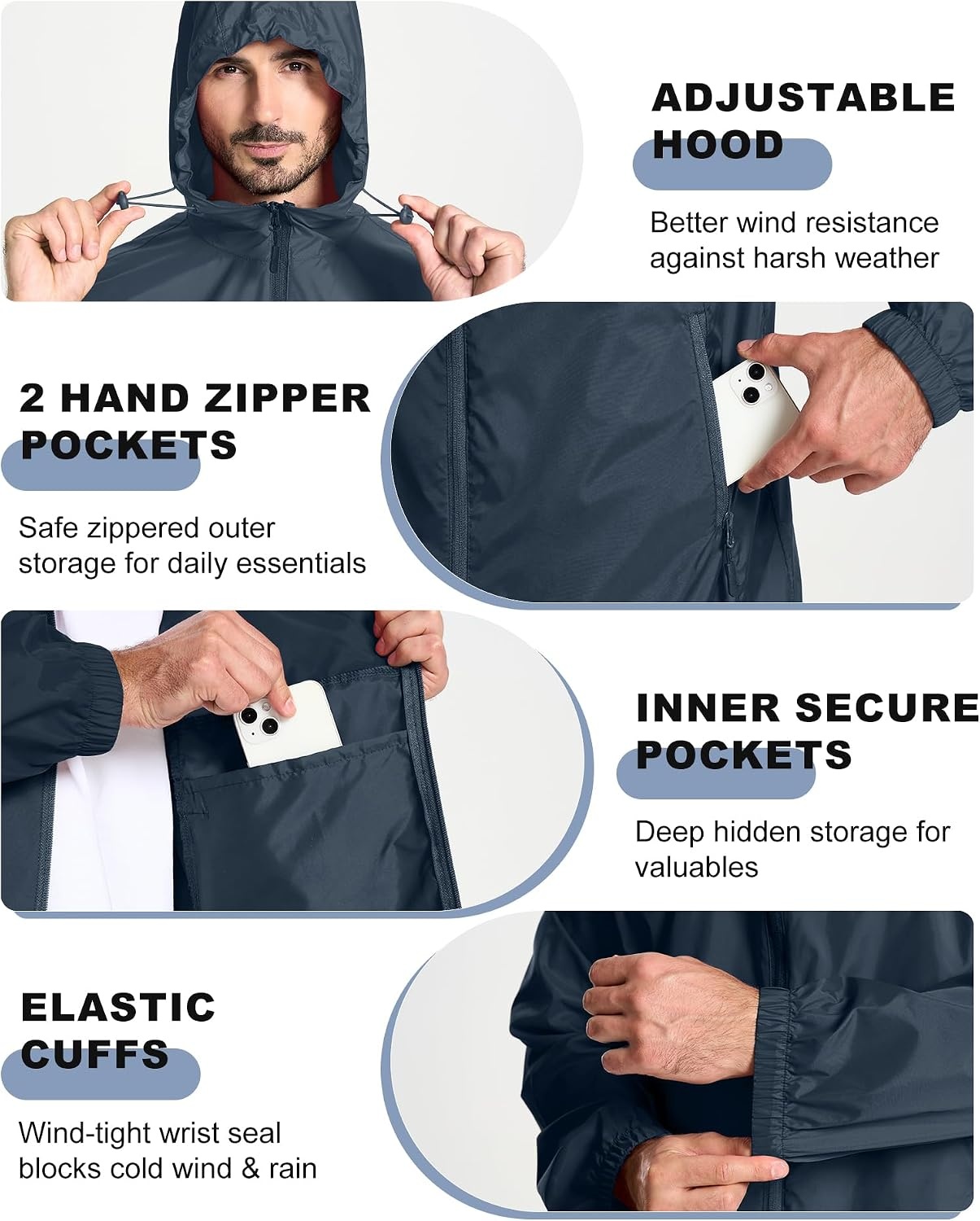 image:imageZITY Mens Rain Jacket Waterproof Lightweight Packable RaincoatGray Blue