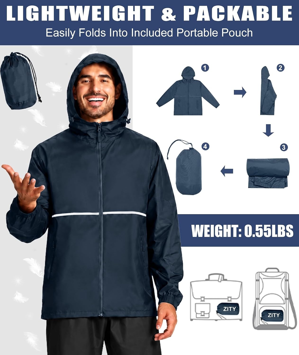 image:imageZITY Mens Rain Jacket Waterproof Lightweight Packable RaincoatGray Blue