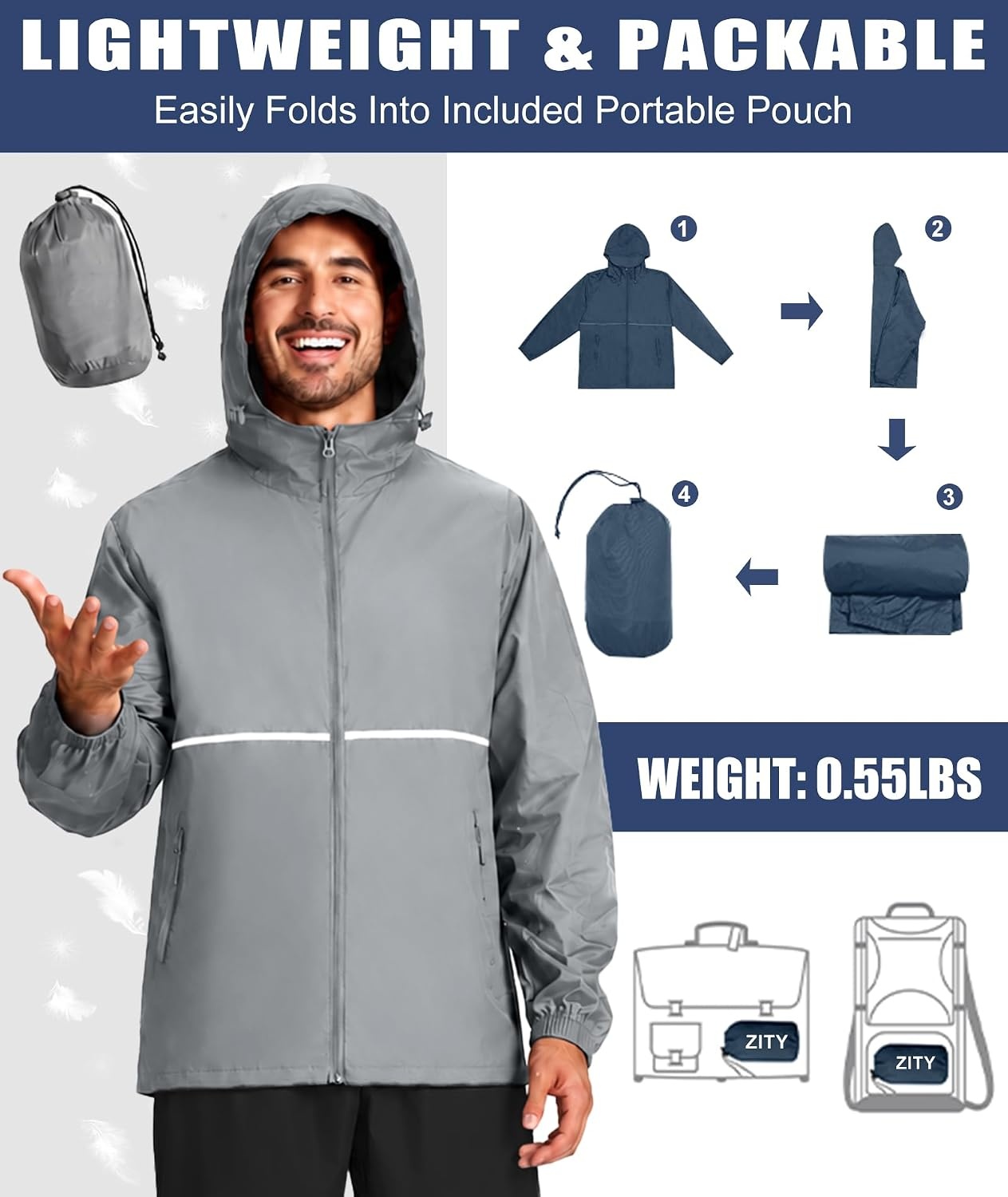 image:imageZITY Mens Rain Jacket Waterproof Lightweight Packable RaincoatGrey