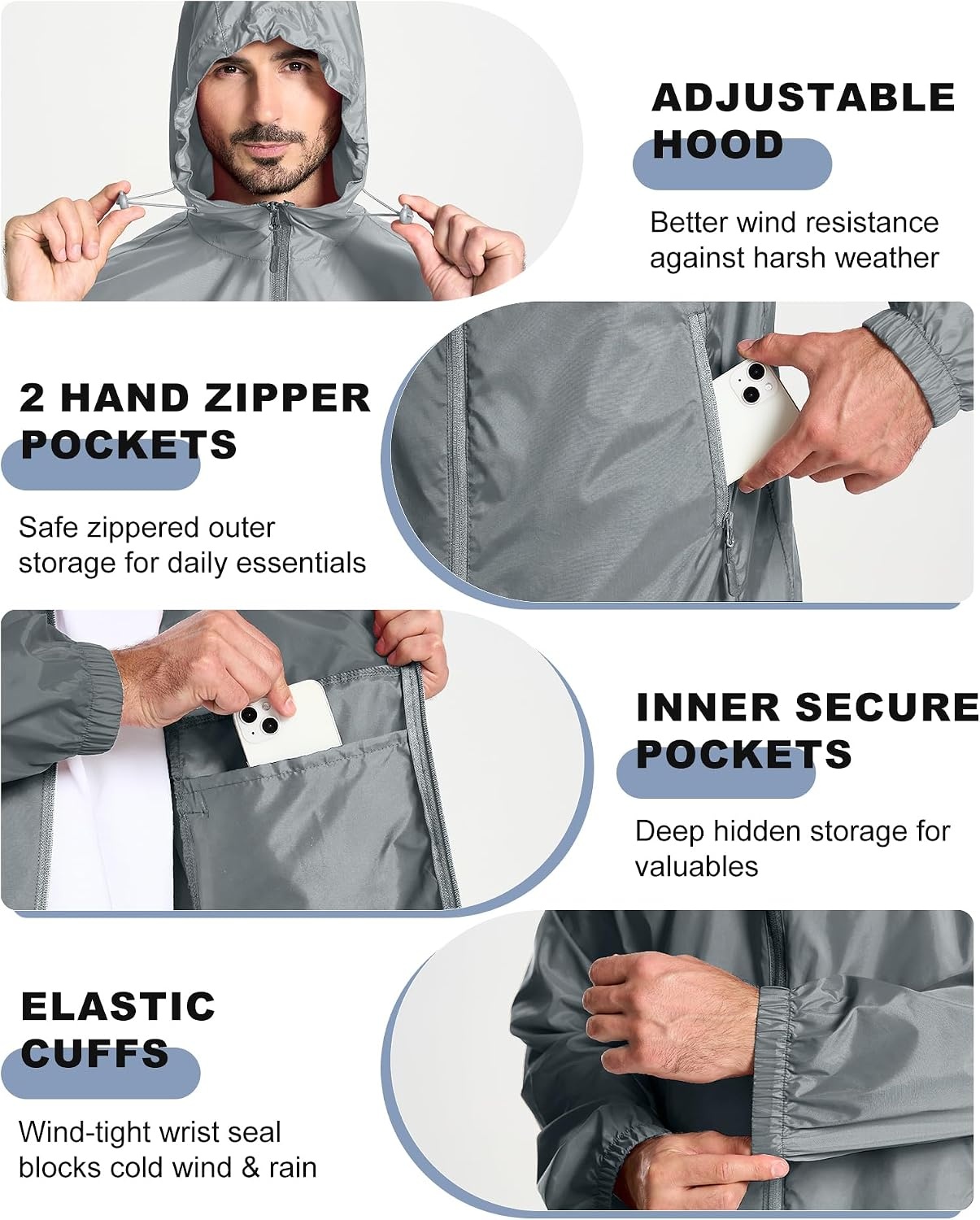 image:imageZITY Mens Rain Jacket Waterproof Lightweight Packable RaincoatGrey