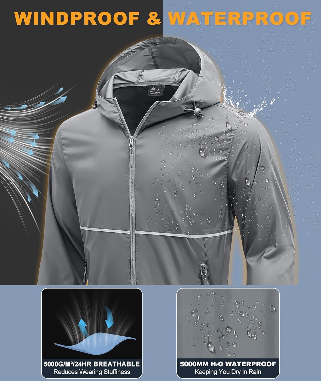 image:imageZITY Mens Rain Jacket Waterproof Lightweight Packable RaincoatGrey
