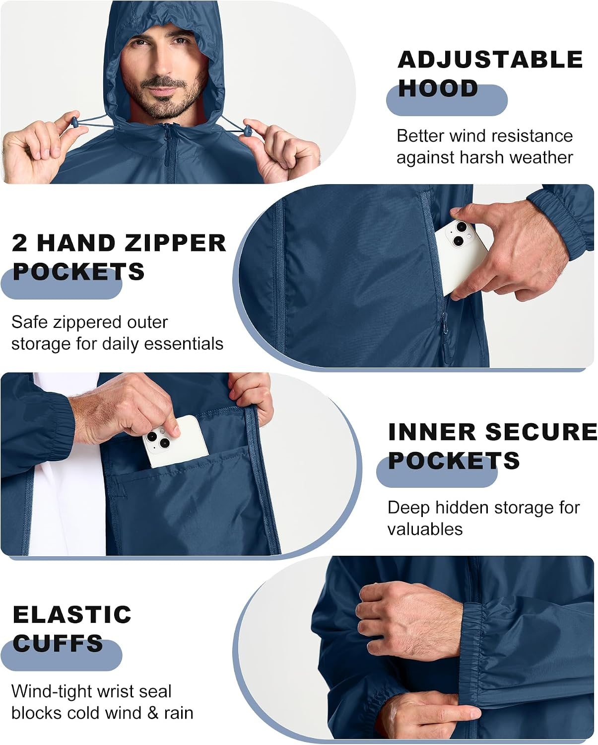 image:imageZITY Mens Rain Jacket Waterproof Lightweight Packable RaincoatNavy Blue