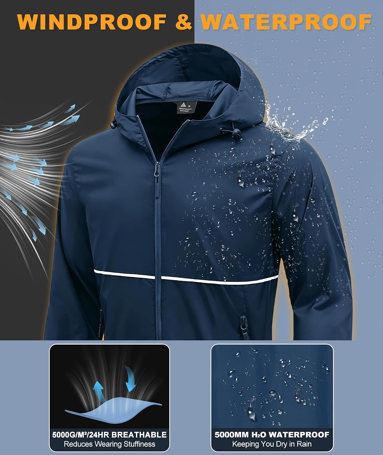 image:imageZITY Mens Rain Jacket Waterproof Lightweight Packable RaincoatNavy Blue