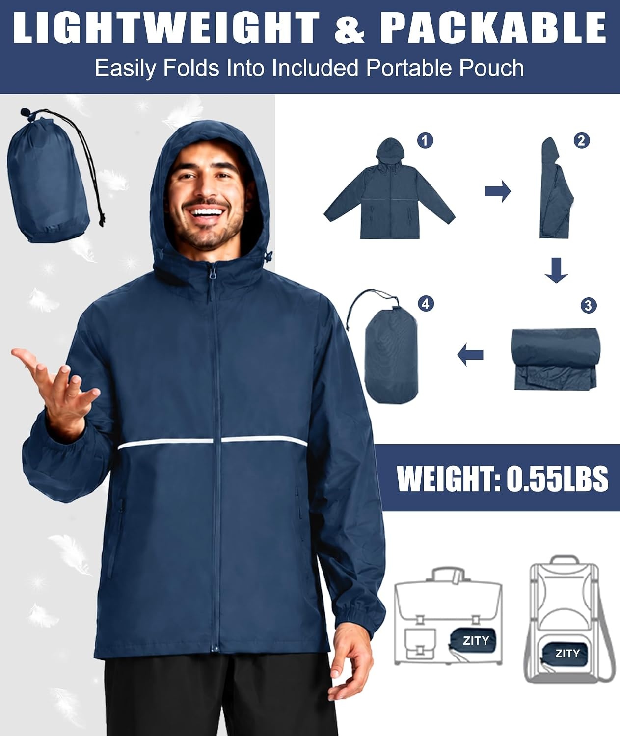image:imageZITY Mens Rain Jacket Waterproof Lightweight Packable RaincoatNavy Blue