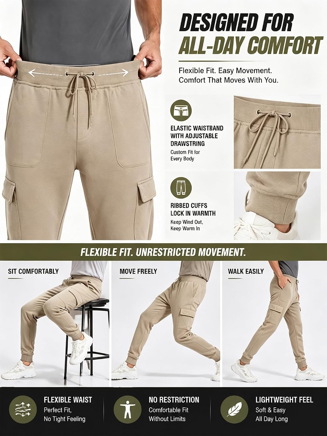 image:imageZITY Mens Sweatpants Tapered Joggers Athletic Track Pants Fall Warm Pants with PocketsB435khaki