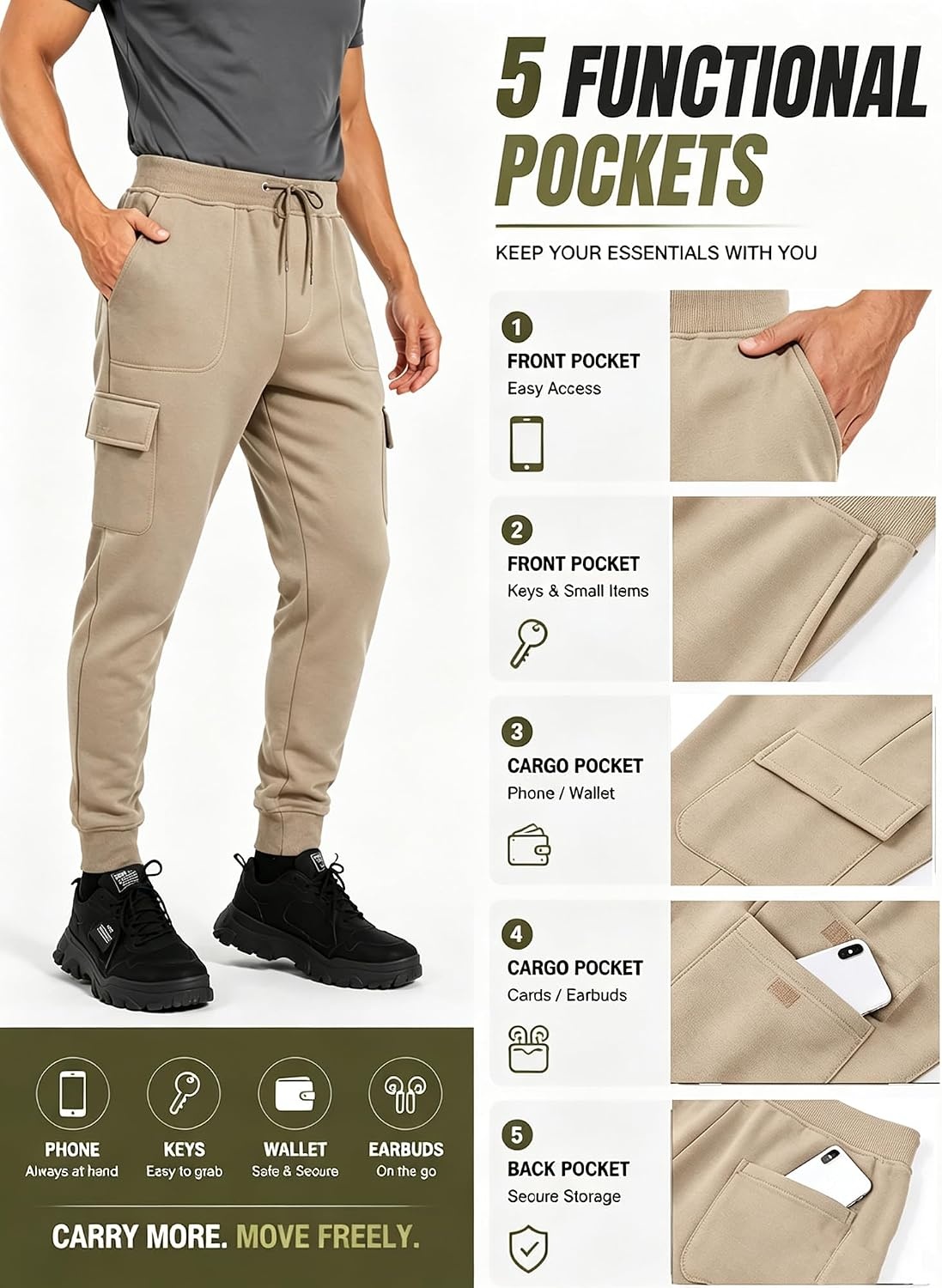 image:imageZITY Mens Sweatpants Tapered Joggers Athletic Track Pants Fall Warm Pants with PocketsB435khaki