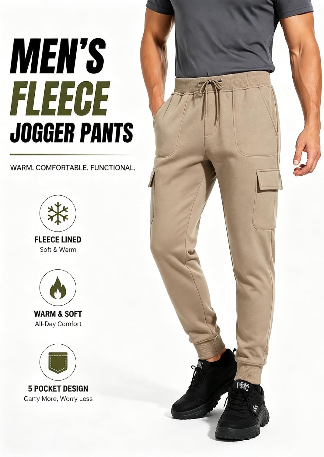 image:imageZITY Mens Sweatpants Tapered Joggers Athletic Track Pants Fall Warm Pants with PocketsB435khaki
