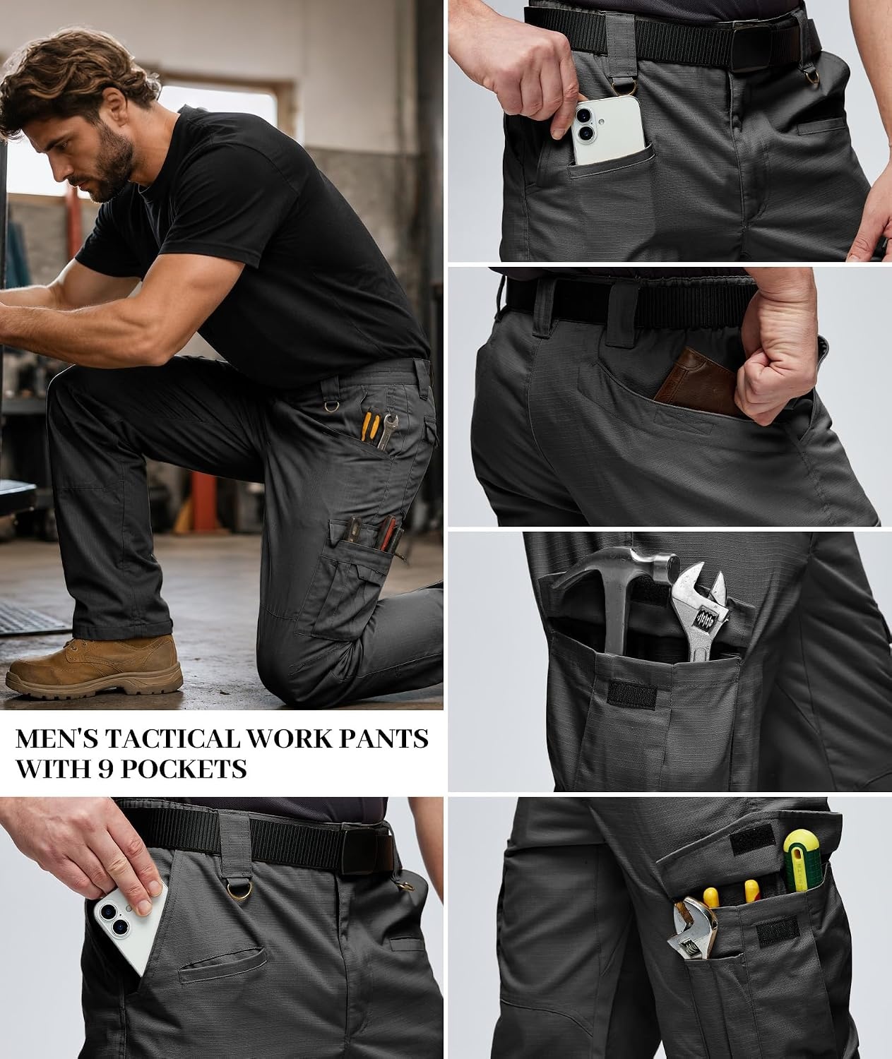 image:imageZITY Mens Tactical Work Cargo Pants Ripstop Water Resistant 9 PocketBlack