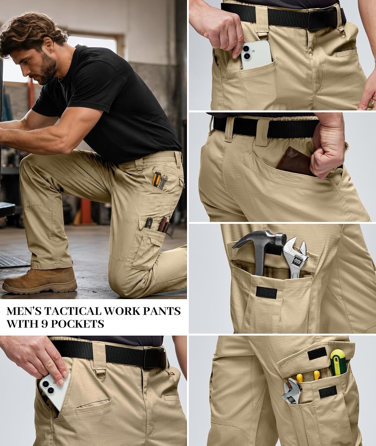image:imageZITY Mens Tactical Work Cargo Pants Ripstop Water Resistant 9 PocketKhaki