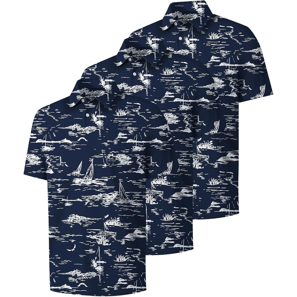 image:imageZITY 3 Pack Mens Golf Shirts Short Sleeve UPF 50 Print Performance Polo Moisture Wicking Casual Collared Golf Shirts for Men3 Tibetan Sailboat