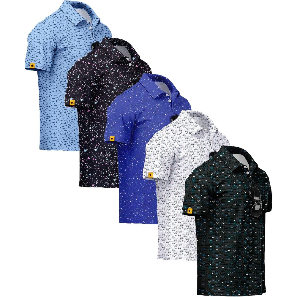 image:imageZITY 5 Pack Mens Golf Shirt Short Sleeve UPF 50 Print Patterns Casual PoloMoonblue Black Royalblue White Lakeblue