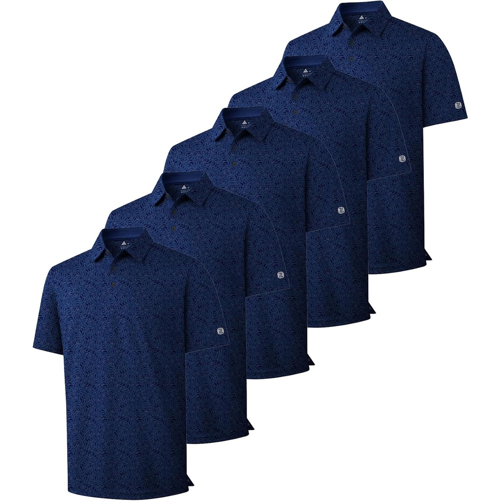image:imageZITY 5 Pack Mens Golf Shirts Short Sleeve Print Patterns Performance Moisture Wicking Polo Shirt5 Navy Blue Leaves