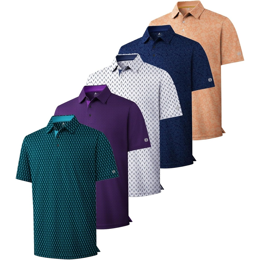 image:imageZITY 5 Pack Mens Golf Shirts Short Sleeve Print Patterns Performance Moisture Wicking Polo ShirtBlue Green Purple White Navy Light Orange