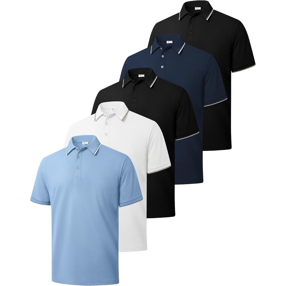 image:imageZITY 5 Pack Mens Polo Shirts Short Sleeve Casual Classic Polo T Shirts Contrast Collar Summer Athletic Golf ShirtsBlue White Black Navy Black