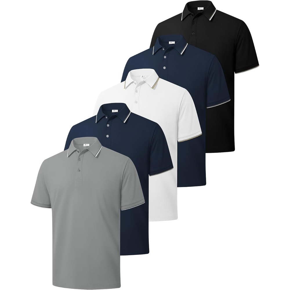 image:imageZITY 5 Pack Mens Polo Shirts Short Sleeve Casual Classic Polo T Shirts Contrast Collar Summer Athletic Golf ShirtsGrey Navy White Navy Black