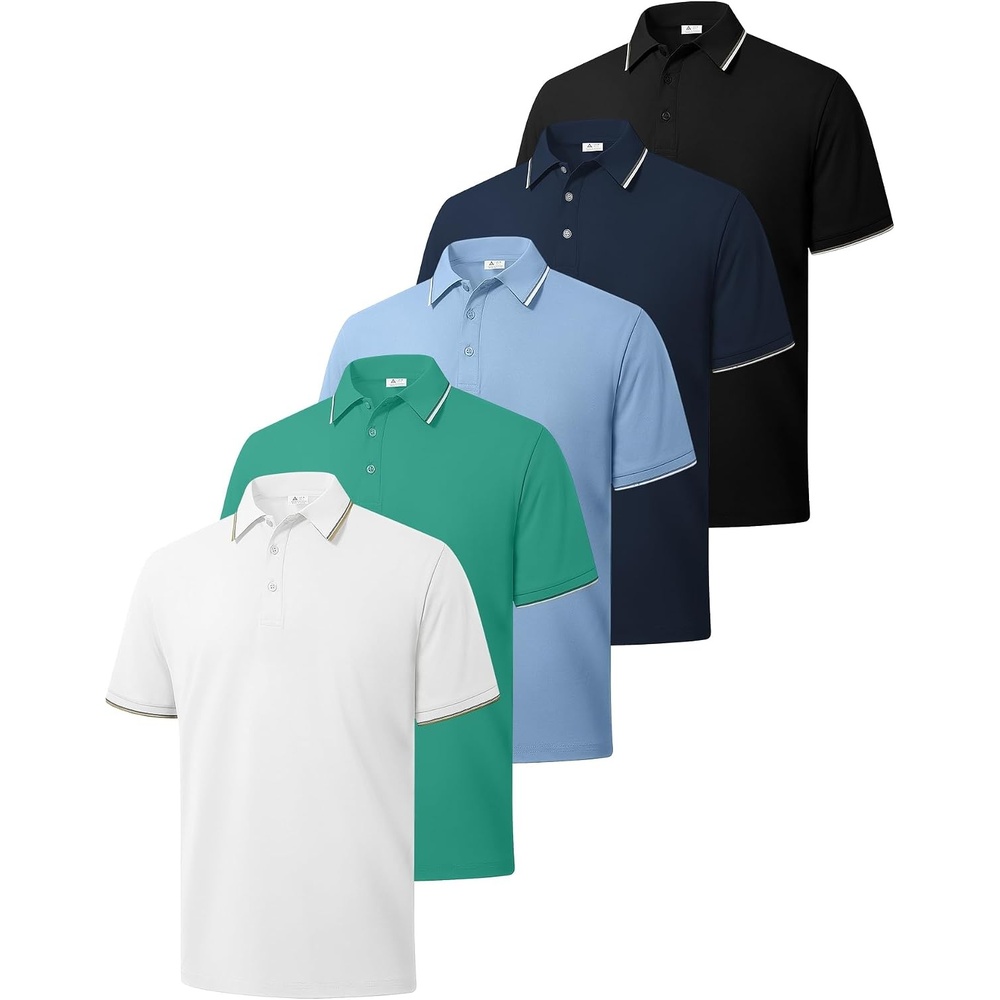 image:imageZITY 5 Pack Mens Polo Shirts Short Sleeve Casual Classic Polo T Shirts Contrast Collar Summer Athletic Golf ShirtsWhite Green Blue Navy Black