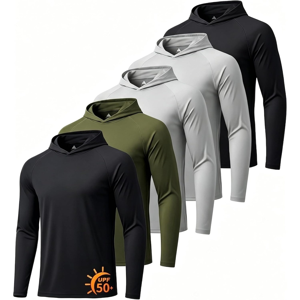 image:imageZITY 5 Pack Mens UPF 50 Hoodie Long Sleeve Shirt Sun Fishing Shirts5 Pack 2 Black  2 Light Gray  1 Army Green