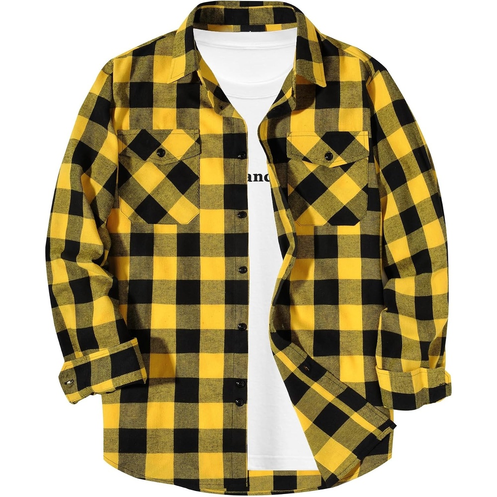 image:imageZITY Men Plaid Flannel Shirts Long Sleeve Casual Button Down Collar Jackets for Men with PocketsOne Yellow