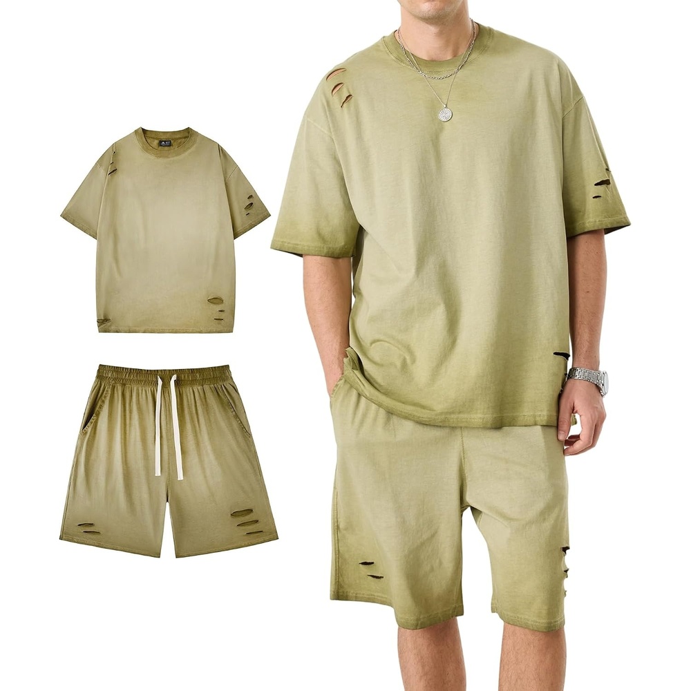 image:imageZITY Mens 2 Piece Shorts Set Acid Wash Cotton Oversized Outfit Vintage Streetwear Matching Set Summer Casual Lounge GymArmy Green
