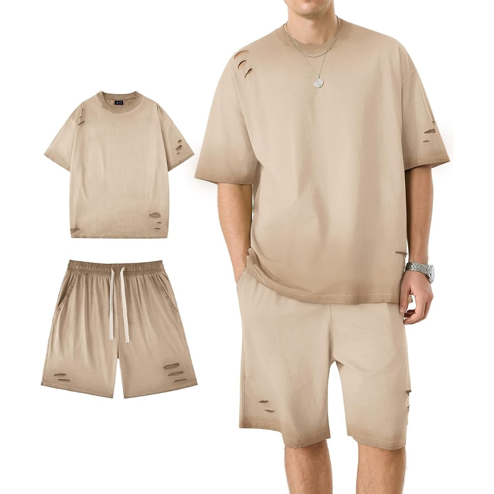 image:imageZITY Mens 2 Piece Shorts Set Acid Wash Cotton Oversized Outfit Vintage Streetwear Matching Set Summer Casual Lounge GymLight Khaki