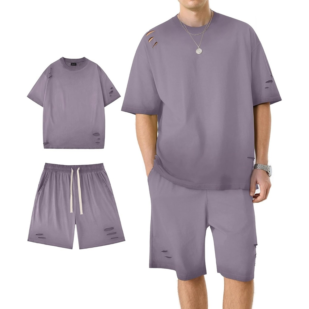 image:imageZITY Mens 2 Piece Shorts Set Acid Wash Cotton Oversized Outfit Vintage Streetwear Matching Set Summer Casual Lounge GymLight Purple