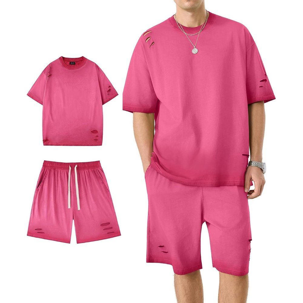 image:imageZITY Mens 2 Piece Shorts Set Acid Wash Cotton Oversized Outfit Vintage Streetwear Matching Set Summer Casual Lounge GymRose Red