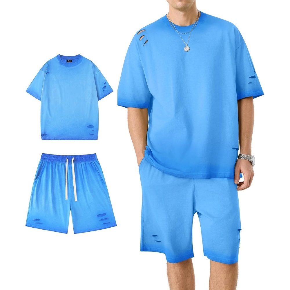 image:imageZITY Mens 2 Piece Shorts Set Acid Wash Cotton Oversized Outfit Vintage Streetwear Matching Set Summer Casual Lounge GymRoyal Blue