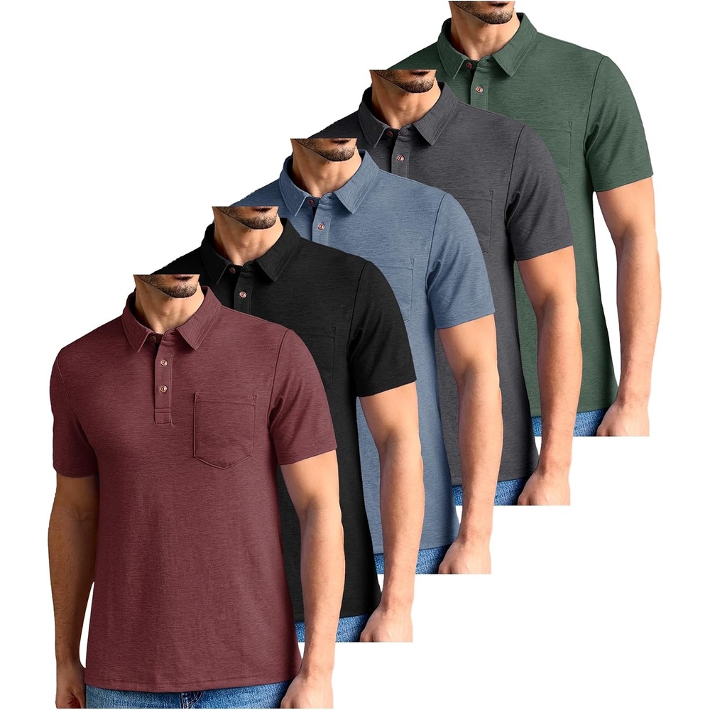 image:imageZITY Mens 5 Pack Polo Shirts with Pocket Short Sleeve CottonSet E