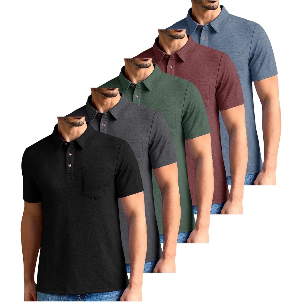 image:imageZITY Mens 5 Pack Polo Shirts with Pocket Short Sleeve CottonSetgreendark Grayblueblackwine Red