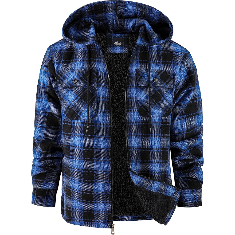 image:imageZITY Mens Flannel Hooded Jacket Fleece Sherpa Lined Plaid Zip Up SweatshirtBlack Blue