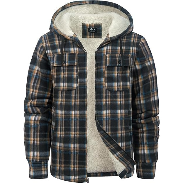 image:imageZITY Mens Flannel Hooded Jacket Fleece Sherpa Lined Plaid Zip Up SweatshirtBlack Brown