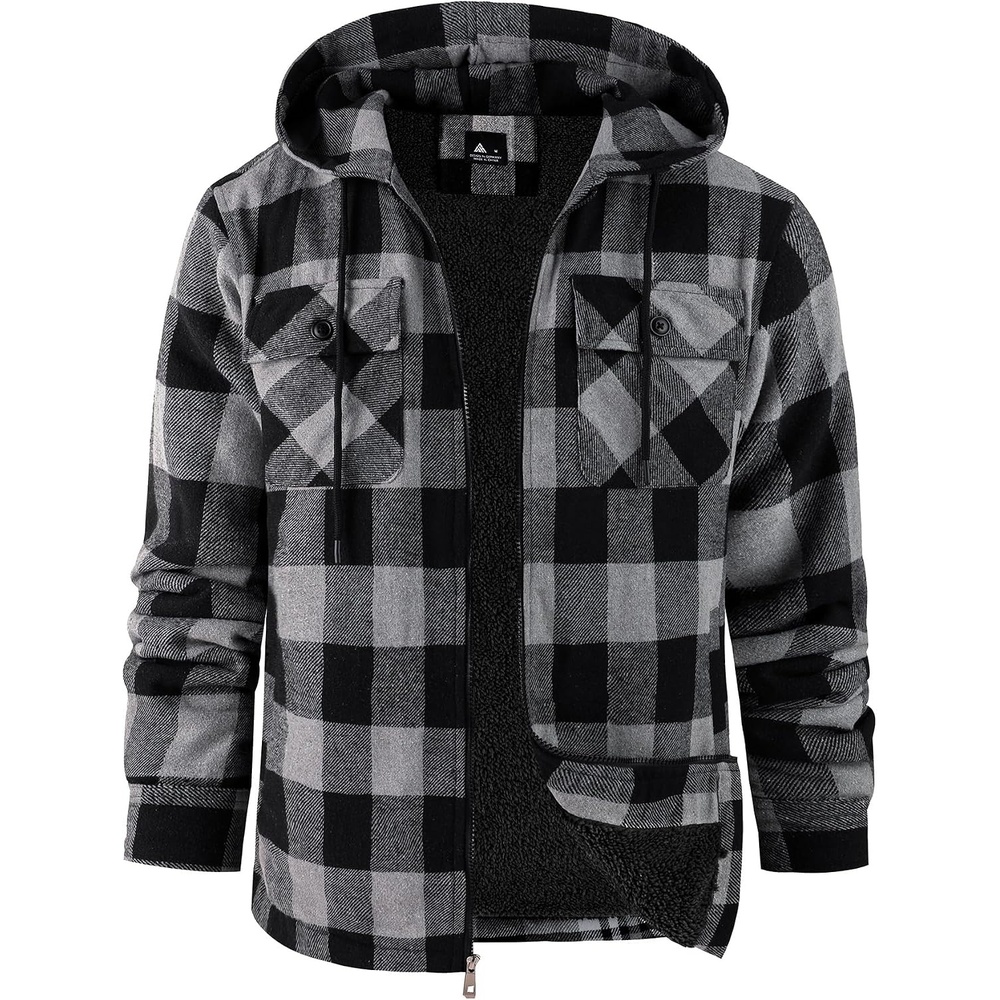 image:imageZITY Mens Flannel Hooded Jacket Fleece Sherpa Lined Plaid Zip Up SweatshirtBlack Dark Grey
