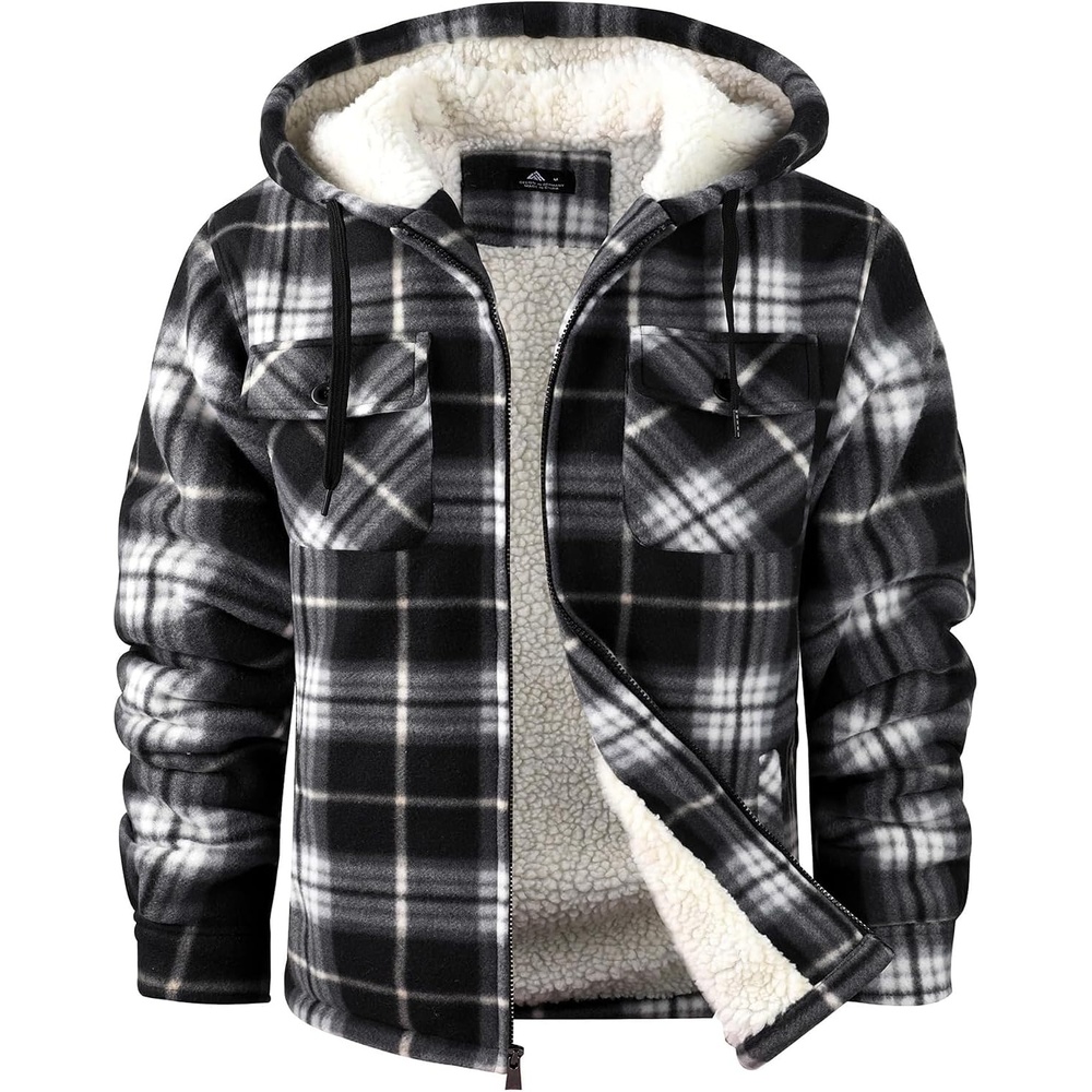 image:imageZITY Mens Flannel Hooded Jacket Fleece Sherpa Lined Plaid Zip Up SweatshirtBlack White