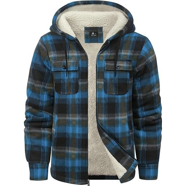 image:imageZITY Mens Flannel Hooded Jacket Fleece Sherpa Lined Plaid Zip Up SweatshirtBlue Yellow